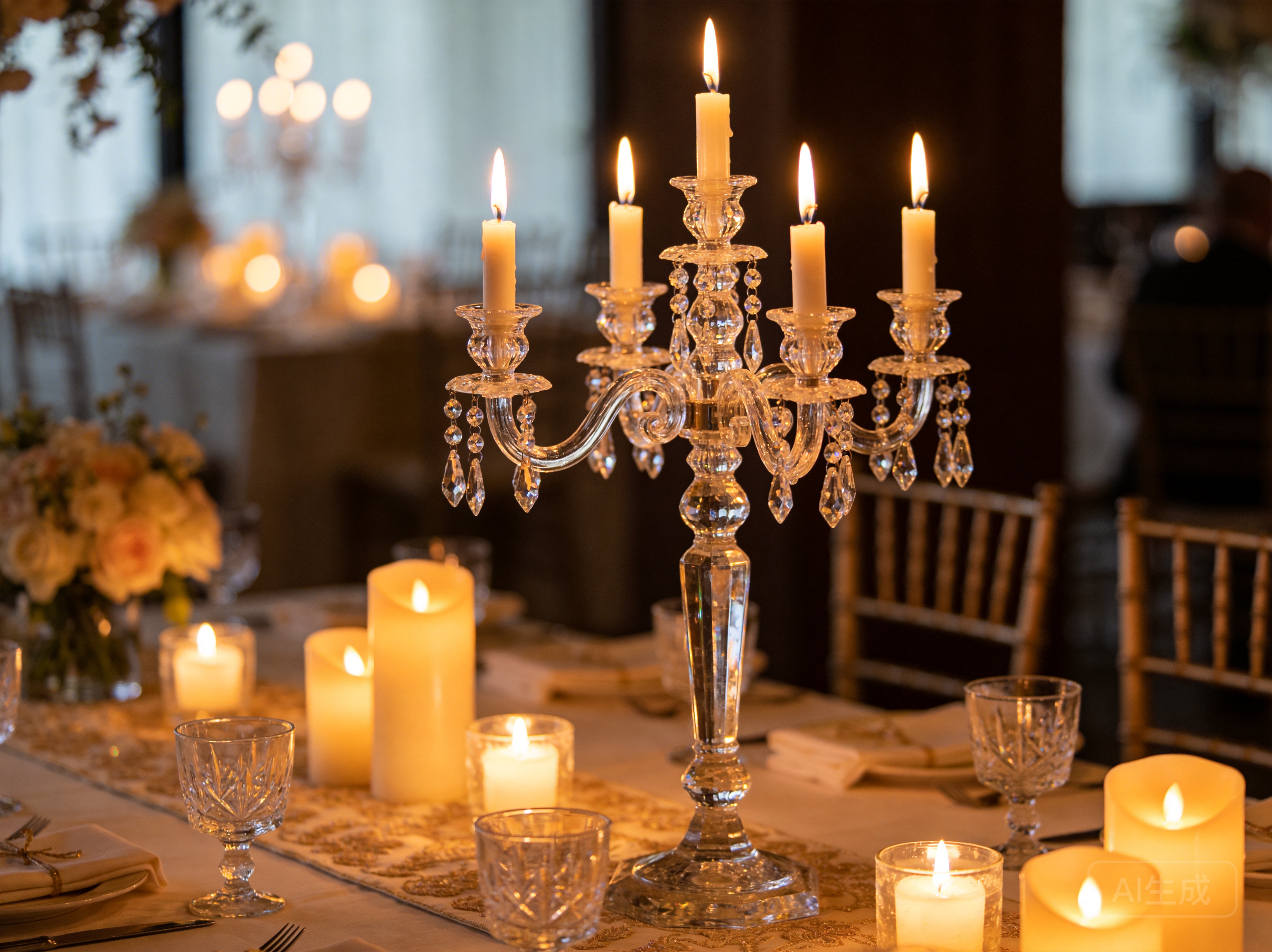 Large multi-arm crystal candelabra, top-selling decorative centerpiece ideal for weddings and large formal events, featuring multiple arms for candle display