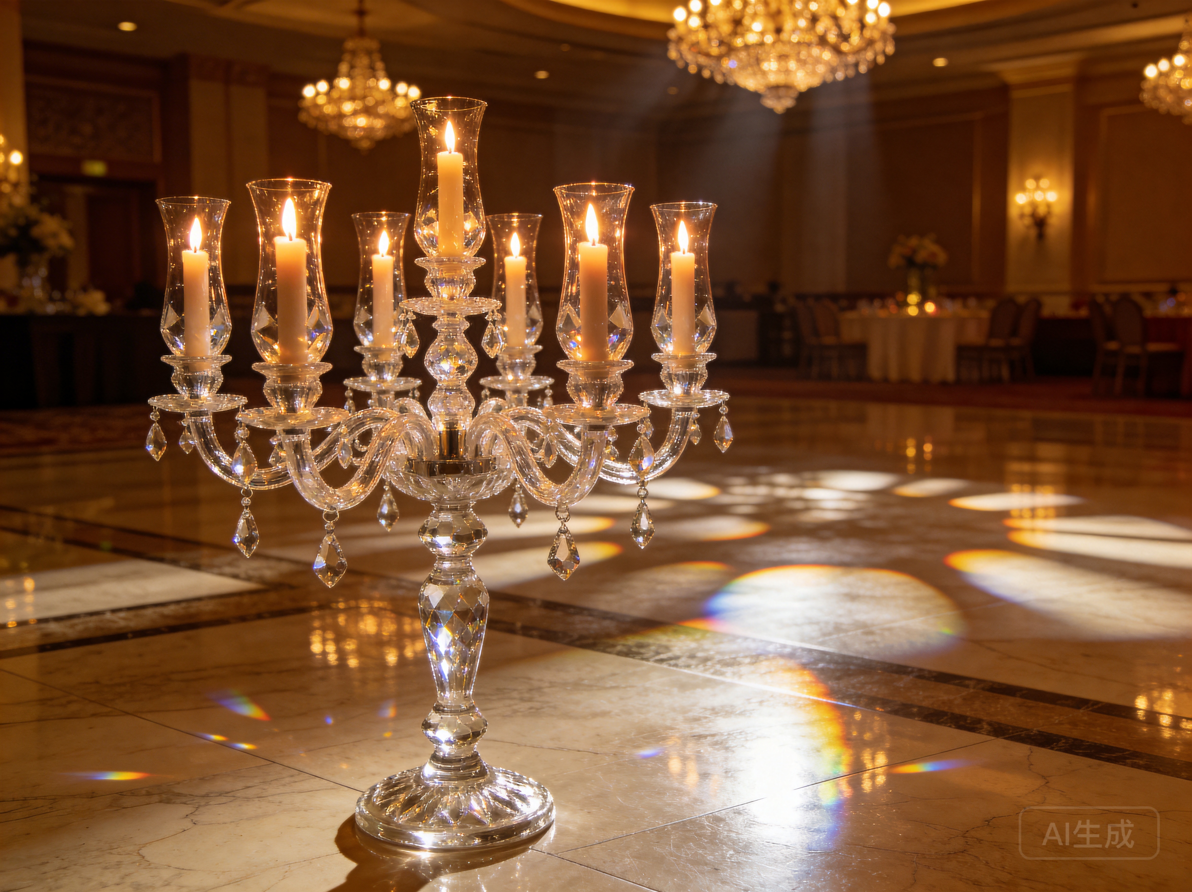 Elegant medium-sized 9-arm crystal candelabra, a sparkling luxury centerpiece ideal for formal events, weddings, and upscale gatherings